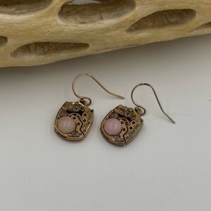 New Elegant Pink Stone and Gold Earrings Steampunk Handmade Found Old Stock